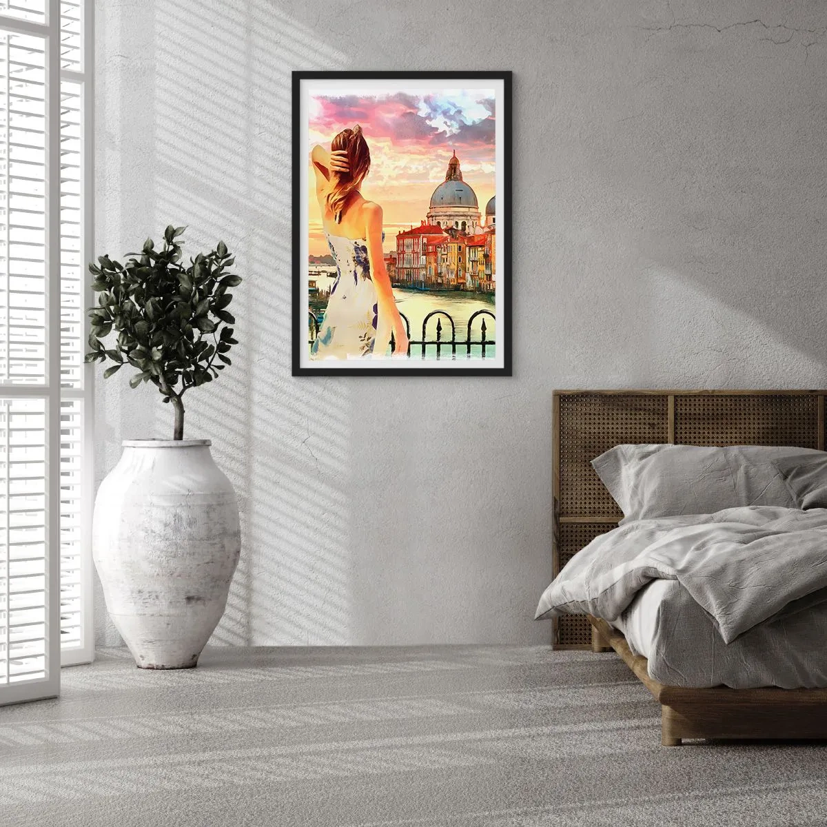 Affiche dans un cadre noir - Poster - Une femme admire la vue d'une ville historique au coucher du soleil - 50x70cm - Pour une aventure c'est uniquement dans ... - Décoration murale moderne pour le salon et la chambre ARTTOR