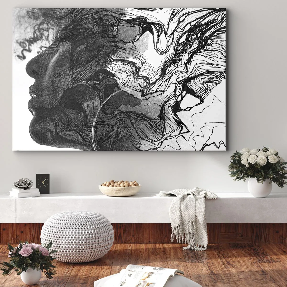 Impression sur toile - Image sur toile - Visage abstrait en noir et blanc avec des lignes dynamiques. - 70x50cm - Emmêlé dans les rêves - Décoration murale moderne pour le salon et la chambre ARTTOR