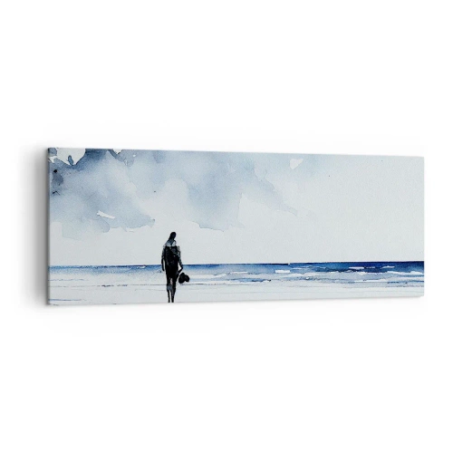 Impression sur toile - Image sur toile - Une silhouette sur une plage dans un environnement marin calme - 140x50cm - Conversation avec la mer - Décoration murale moderne pour le salon et la chambre ARTTOR