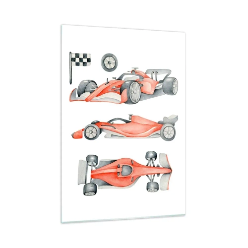 Impression sur verre - Image sur verre - Illustration en trois plans d'une voiture de course rouge avec un drapeau de course - 50x70cm - poursuis ton rêve - Décoration murale moderne pour le salon et la chambre ARTTOR