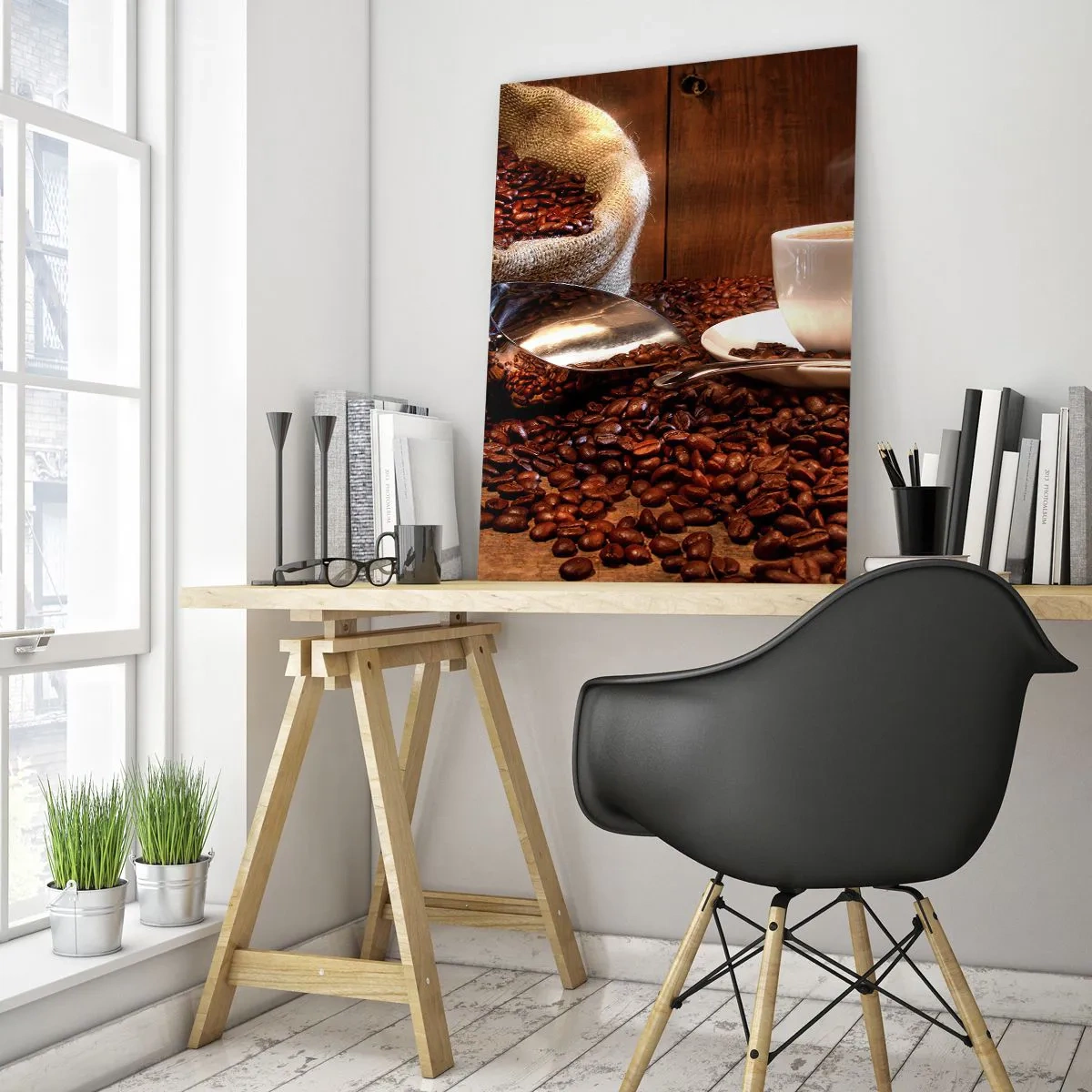 Impression sur verre - Image sur verre - Une tasse de café avec des grains de café et un sac de céréales en arrière-plan - 70x100cm - Sentez-vous cette odeur? - Décoration murale moderne pour le salon et la chambre ARTTOR