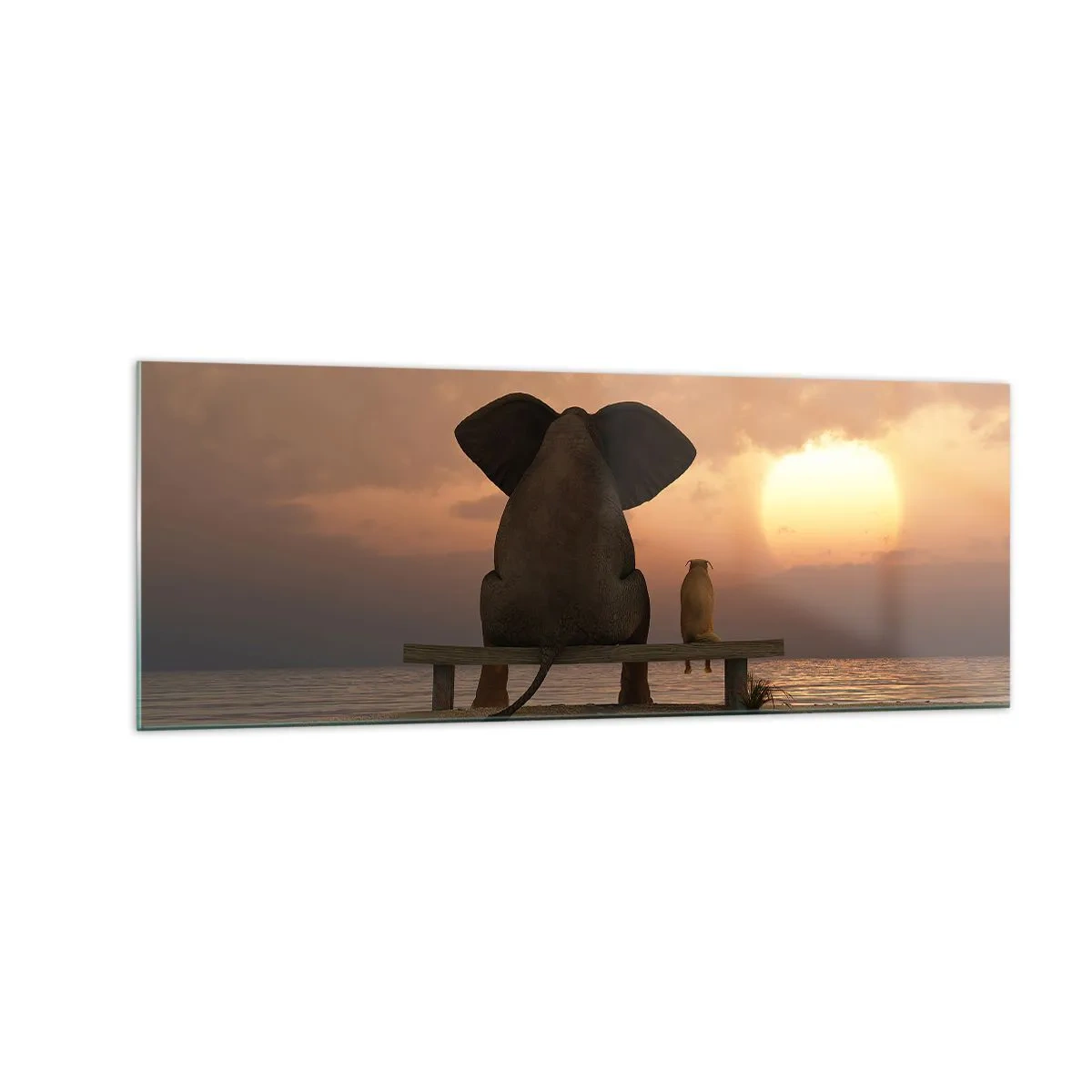 Impression sur verre - Image sur verre - Un éléphant et un chien sont assis sur un banc sur la plage au coucher du soleil. - 140x50cm - C'est bon de garder le silence ensemble - Décoration murale moderne pour le salon et la chambre ARTTOR