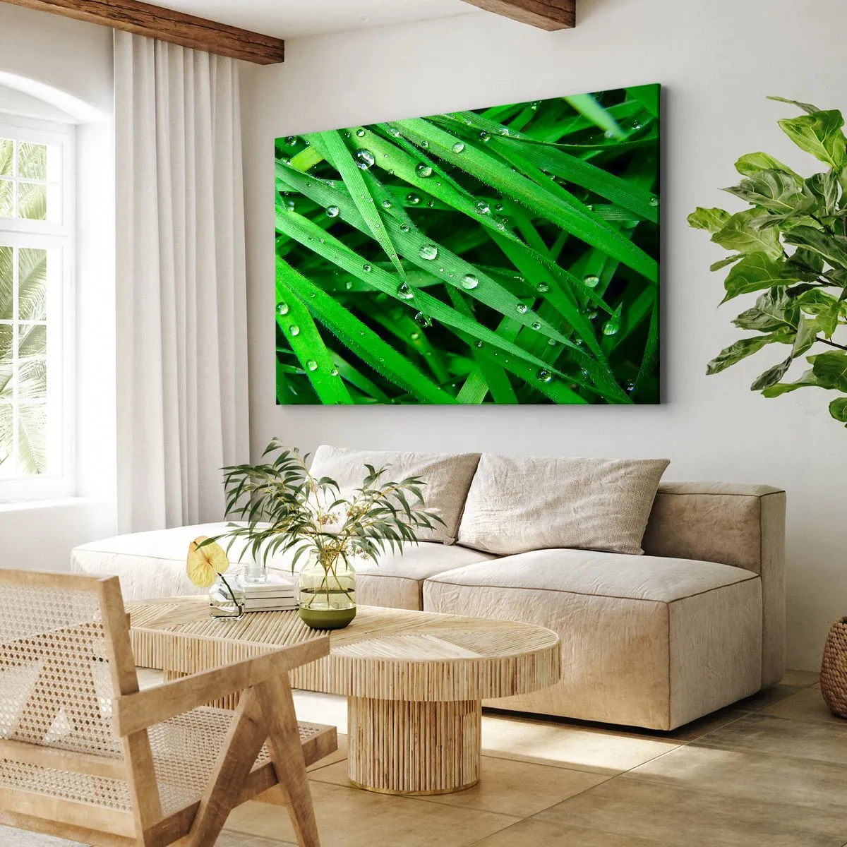 Impression sur toile - Image sur toile - Gros plan de brins d'herbe verte avec des gouttes de rosée - 70x50cm - Jouez dans le vert - Décoration murale moderne pour le salon et la chambre ARTTOR
