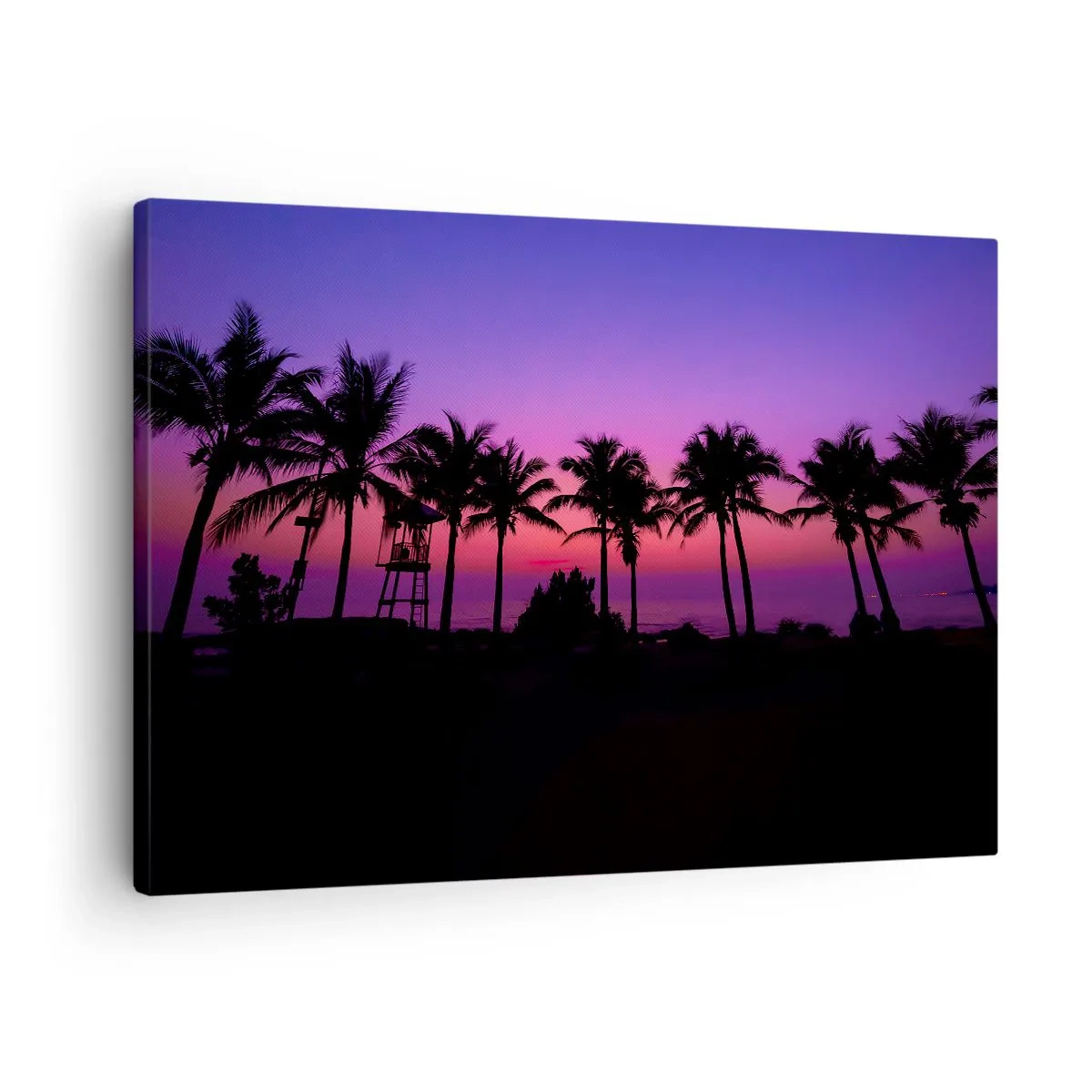 Impression sur toile - Image sur toile - Silhouettes de palmiers sur un ciel de coucher de soleil rose-violet - 70x50cm - Soirée sous les palmiers - Décoration murale moderne pour le salon et la chambre ARTTOR