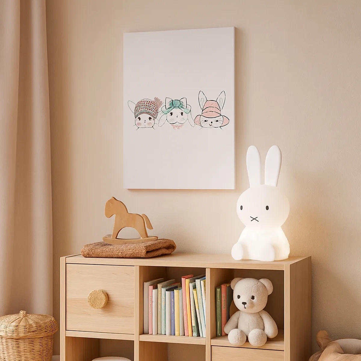 Impression sur toile - Image sur toile - Adorables lapins portant des coiffes pastel - 50x70cm - Pensif, triste, satisfait - Décoration murale moderne pour le salon et la chambre ARTTOR