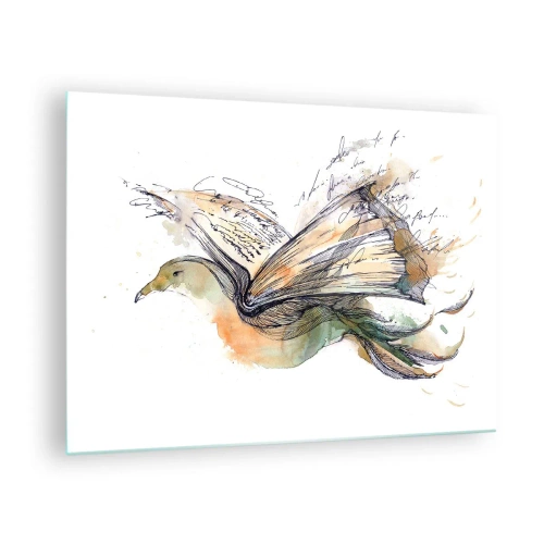 Impression sur verre - Image sur verre - Un oiseau d'un livre déroulé, une métaphore artistique de la connaissance - 70x50cm - Sur les ailes de la poésie - Décoration murale moderne pour le salon et la chambre ARTTOR