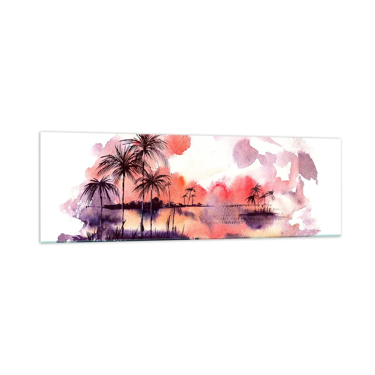 Impression sur verre - Image sur verre - Paysage tropical avec palmiers au coucher du soleil à l'aquarelle - 160x50cm - La tranquillité des tropiques en rouge - Décoration murale moderne pour le salon et la chambre ARTTOR