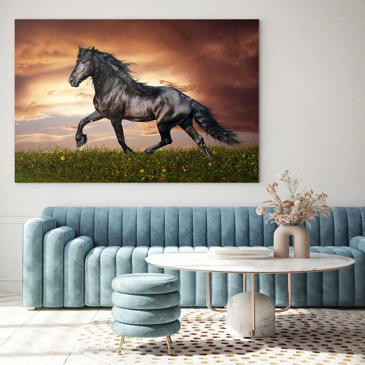 Impression sur verre - Image sur verre - Un cheval noir galopant contre le soleil couchant - 70x50cm - Livres noirs - Décoration murale moderne pour le salon et la chambre ARTTOR