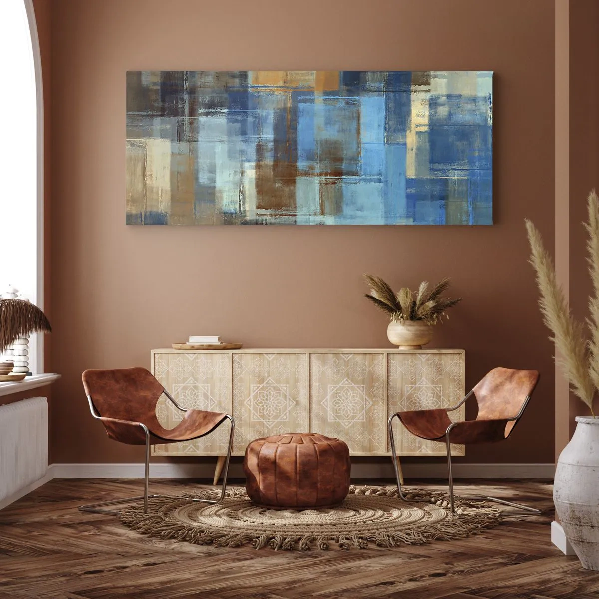 Impression sur toile - Image sur toile - Composition géométrique abstraite dans les tons de bleu et de marron - 120x50cm - A travers le voile bleu - Décoration murale moderne pour le salon et la chambre ARTTOR