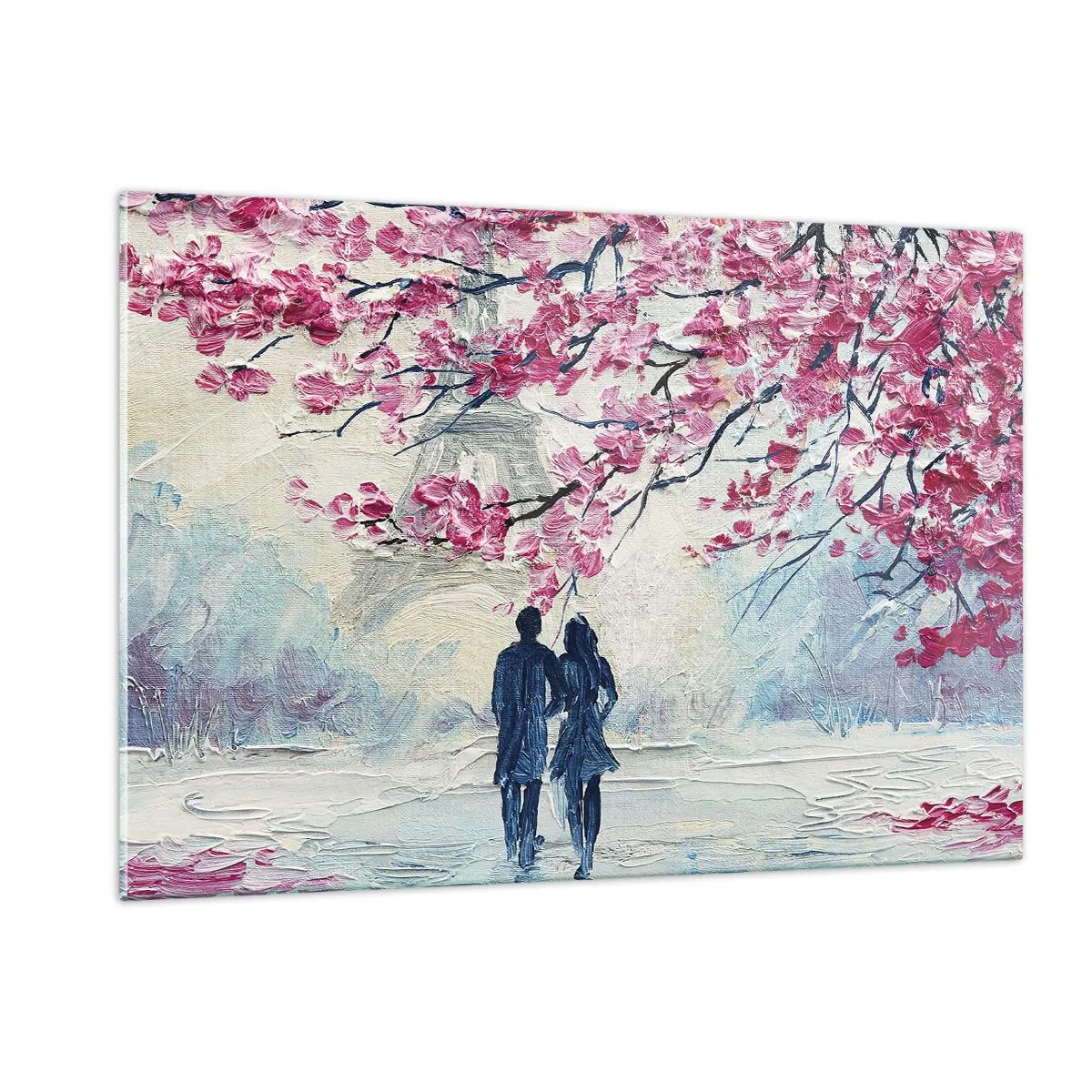 Impression sur verre - Image sur verre - Un couple se promenant sous des arbres en fleurs - 120x80cm - Ballade romantique - Décoration murale moderne pour le salon et la chambre ARTTOR