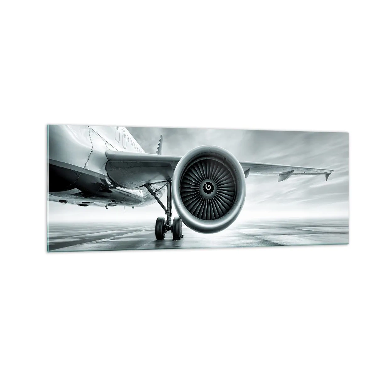 Impression sur verre - Image sur verre - Le réacteur d'un avion sur le tarmac - 140x50cm - Sent la force! - Décoration murale moderne pour le salon et la chambre ARTTOR