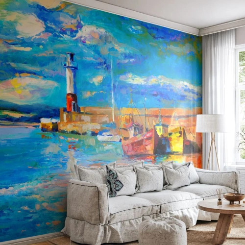 Papier Peint Photo Premium Sand - Un après-midi dans la baie arc-en-ciel - Port des Pêcheurs, Bateau de pêche, Phare - 200x140 cm