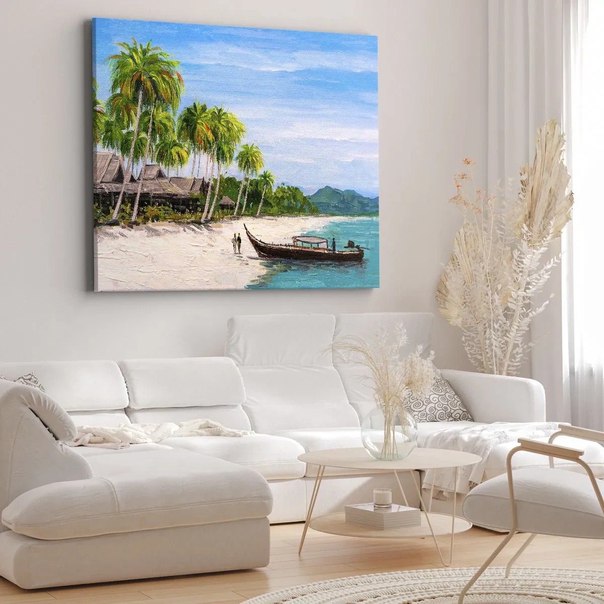 Impression sur toile - Image sur toile - Une plage exotique avec des palmiers et un bateau sur le rivage - 70x50cm - Rêve exotique - Décoration murale moderne pour le salon et la chambre ARTTOR