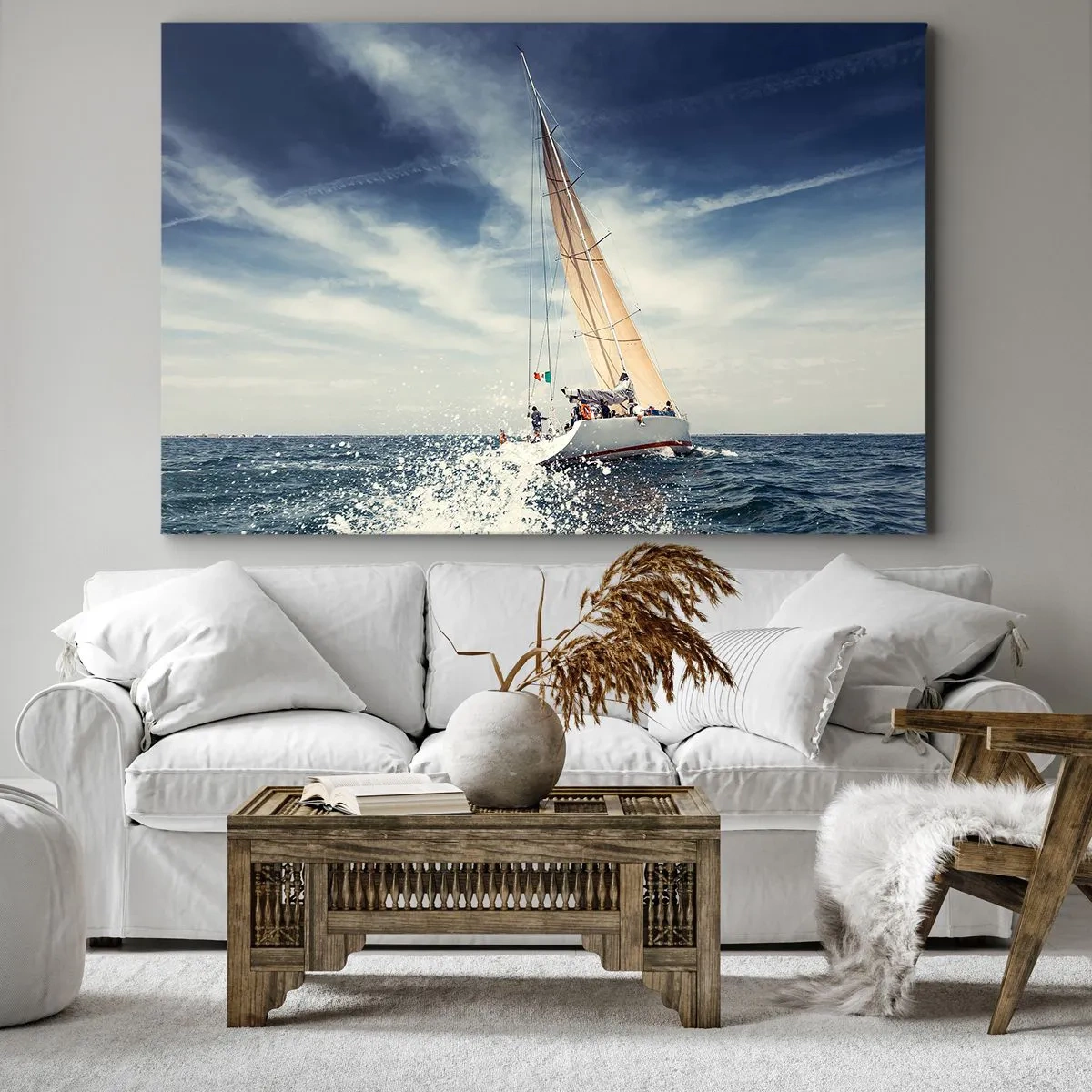 Impression sur toile - Image sur toile - Un voilier sur une mer agitée sous un ciel bleu - 70x50cm - Ils ne nous rattraperont pas ! - Décoration murale moderne pour le salon et la chambre ARTTOR