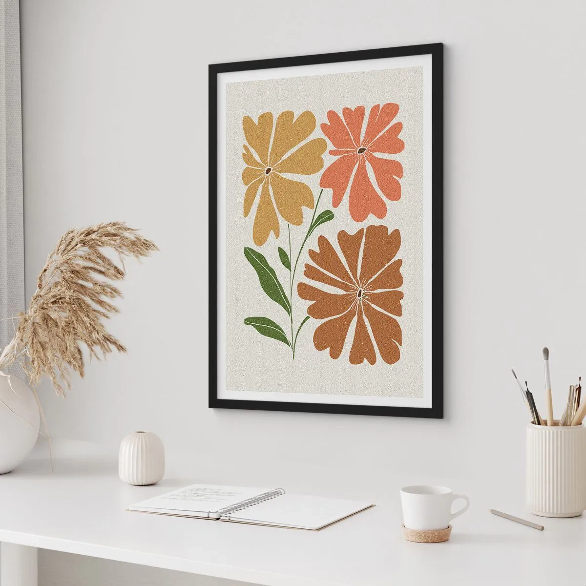Affiche dans un cadre noir - Poster - Fleurs minimalistes aux tons chauds - 50x70cm - Nature et géométrie - Décoration murale moderne pour le salon et la chambre ARTTOR