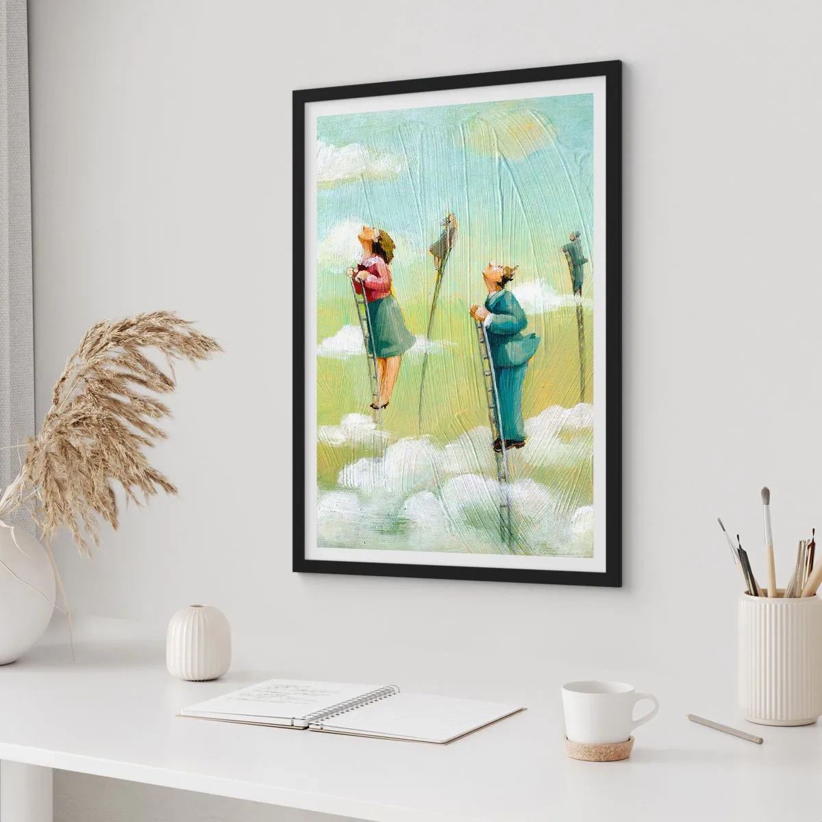 Affiche dans un cadre noir - Poster - Personnages grimpant aux échelles dans les nuages - 50x70cm - Derrière ton rêve - Décoration murale moderne pour le salon et la chambre ARTTOR
