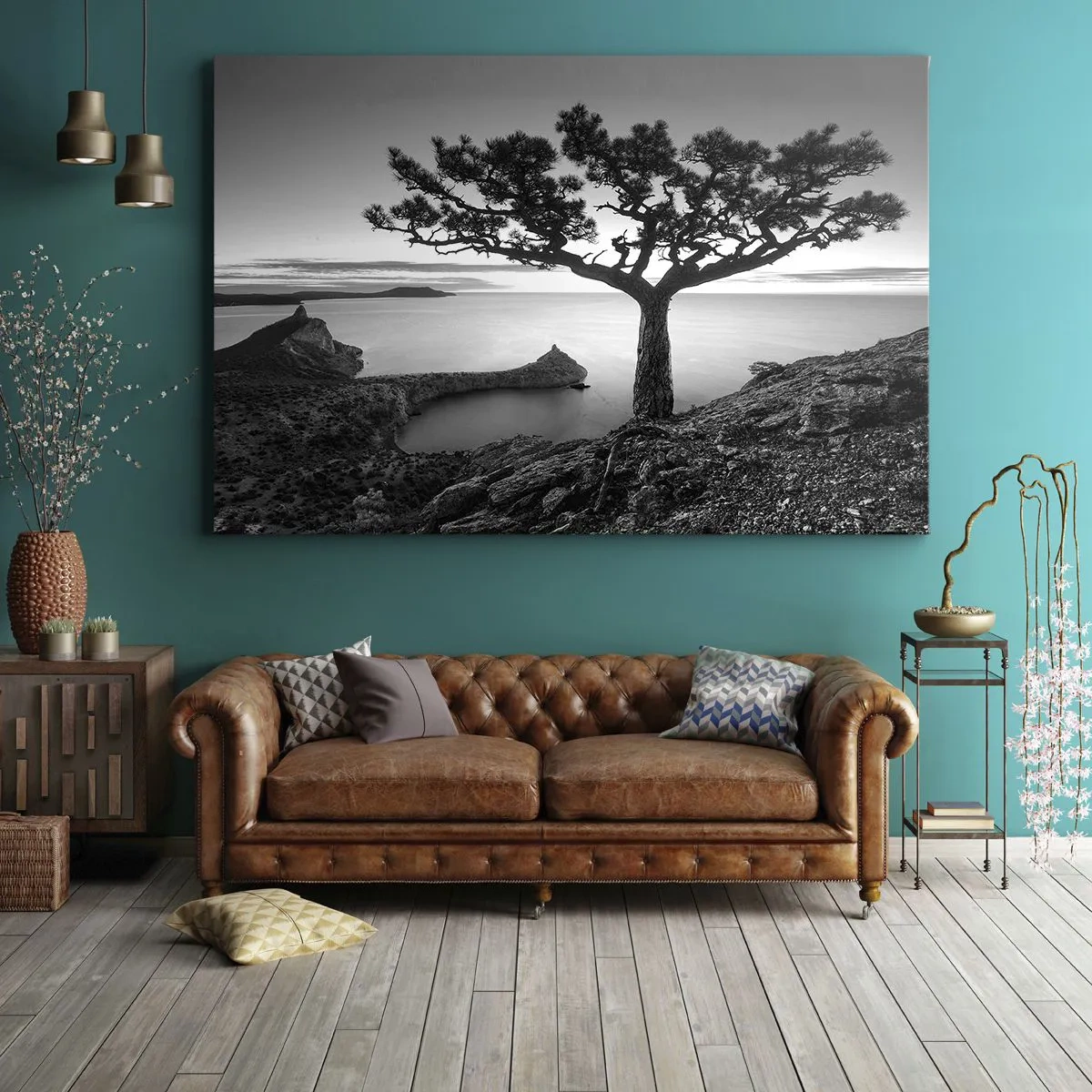 Impression sur toile - Image sur toile - Paysage noir et blanc avec un arbre solitaire sur une falaise au-dessus de la mer - 100x70cm - Paix jusqu'à l'horizon - Décoration murale moderne pour le salon et la chambre ARTTOR
