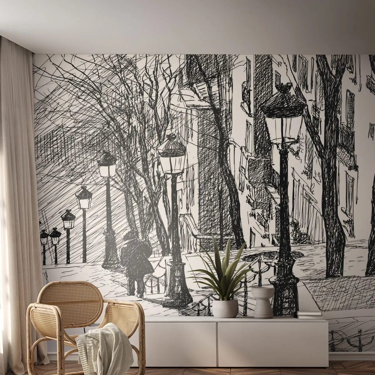 Papier Peint Photo Premium Sand - Dessin en noir et blanc d'un escalier et d'une lanterne - 100x70cm - Une histoire d'amour ou une histoire d'horreur ? - Décoration murale moderne pour le salon et la chambre ARTTOR