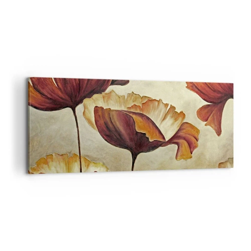 Impression sur toile - Image sur toile - Fleurs subtiles dans des tons de rouge et d'or sur un fond clair - 120x50cm - À la lisière des champs - Décoration murale moderne pour le salon et la chambre ARTTOR