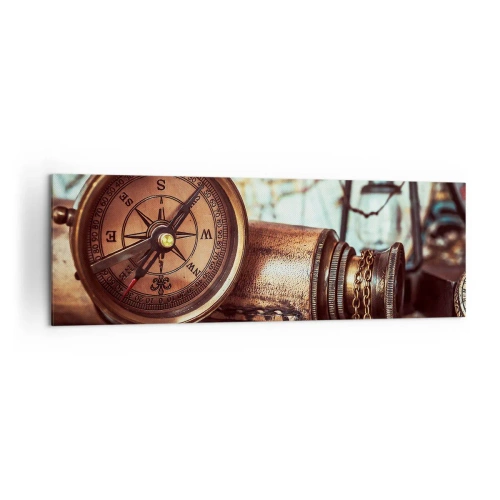 Impression sur toile - Image sur toile - Un ensemble rétro avec une boussole, un télescope et une carte sur le thème du voyage - 160x50cm - Une aventure de pirates dans les Caraïbes vous attend - Décoration murale moderne pour le salon et la chambre ARTTO