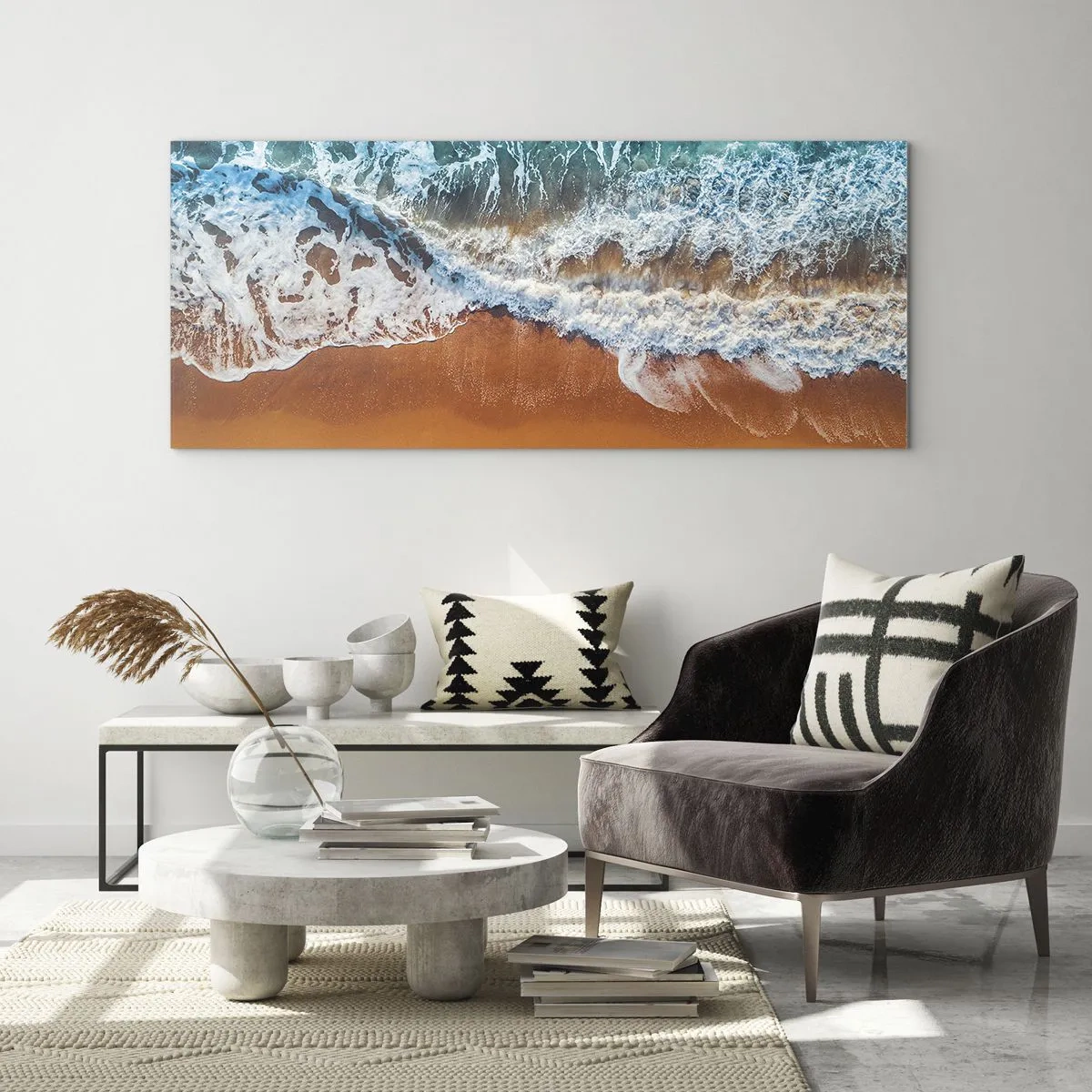 Impression sur verre - Image sur verre - Vue aérienne des vagues de l'océan s'écrasant sur le rivage - 140x50cm - Toujours ensemble - Décoration murale moderne pour le salon et la chambre ARTTOR