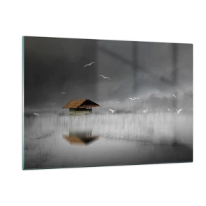 Impression sur verre - Image sur verre - Une maison sur l'eau dans le brouillard avec des oiseaux qui volent - 120x80cm - A l'abri de la pluie - Décoration murale moderne pour le salon et la chambre ARTTOR