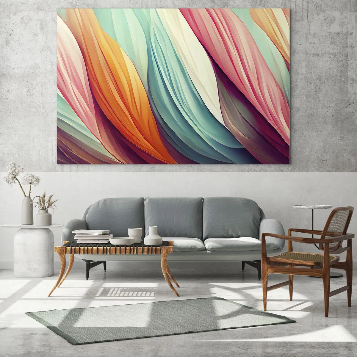 Impression sur verre - Image sur verre - Un tissage coloré de rayures abstraites aux tons pastel - 70x50cm - Tissage arc-en-ciel - Décoration murale moderne pour le salon et la chambre ARTTOR