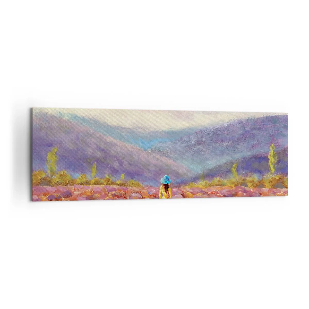 Impression sur toile - Image sur toile - Une femme portant un chapeau marchant dans un champ de lavande. - 160x50cm - Dans un monde lavande - Décoration murale moderne pour le salon et la chambre ARTTOR