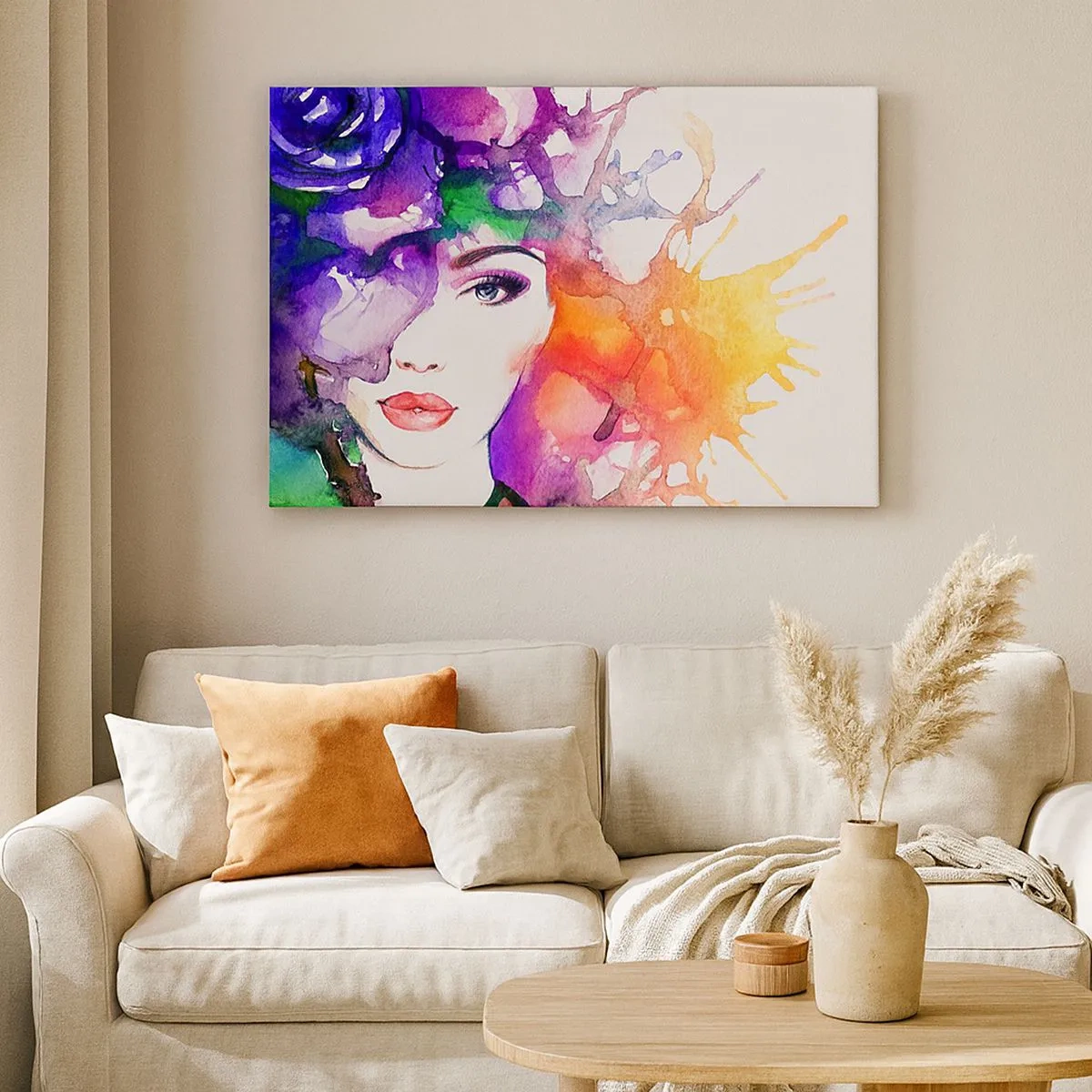 Impression sur toile - Image sur toile - Portrait d'une femme aux couleurs aquarelles avec des taches abstraites - 70x50cm - Avec la tête dans les nuages - Décoration murale moderne pour le salon et la chambre ARTTOR