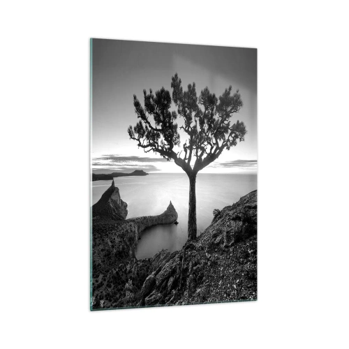 Impression sur verre - Image sur verre - Paysage noir et blanc avec un arbre solitaire sur une falaise au-dessus de la mer - 70x100cm - Paix jusqu'à l'horizon - Décoration murale moderne pour le salon et la chambre ARTTOR