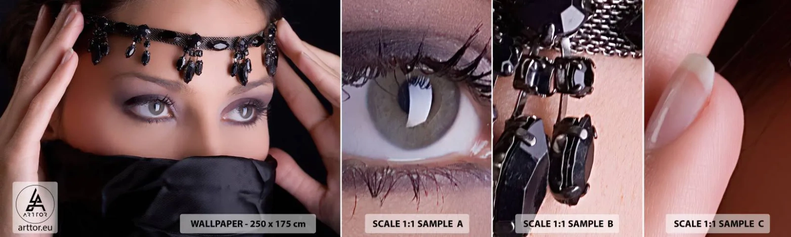 Échantillon de Papier Peint Autocollant Deluxe Sticker - Tentation de mystère oriental - Femme, Yeux, Culture - 100x30 cm