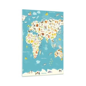 Impression sur verre - Image sur verre - Carte du monde colorée avec des illustrations d'animaux - 70x100cm - Nous aimons le monde entier - Décoration murale moderne pour le salon et la chambre ARTTOR