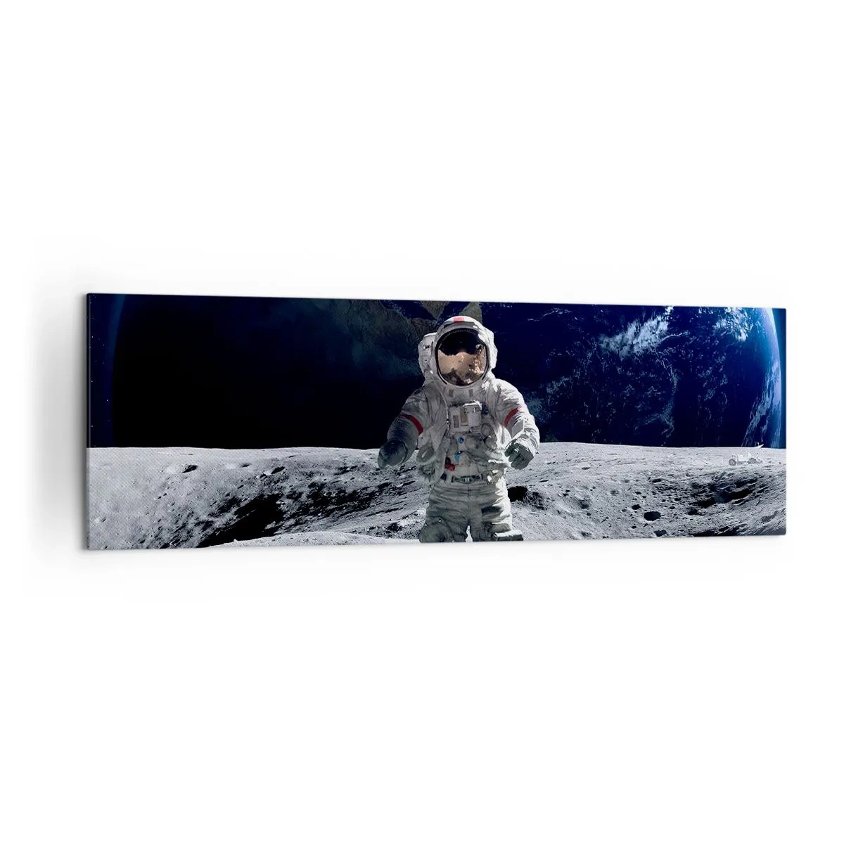 Impression sur toile - Image sur toile - Astronaute à la surface de la Lune avec la Terre en arrière-plan - 160x50cm - Salutations de la lune - Décoration murale moderne pour le salon et la chambre ARTTOR