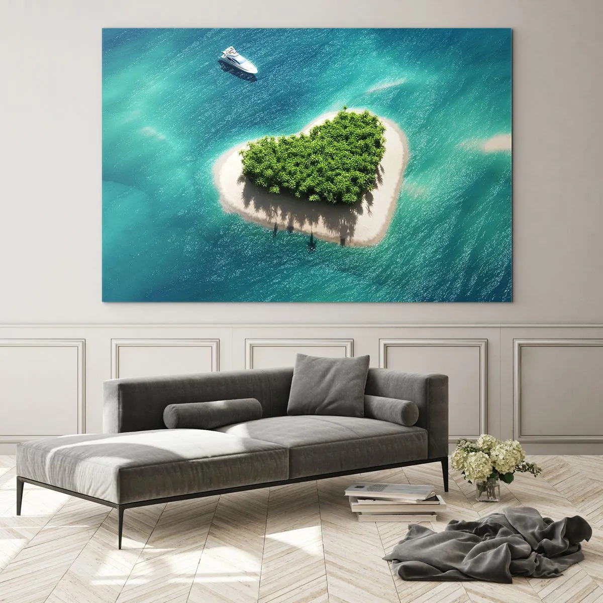 Impression sur verre - Image sur verre - Illustration d'une île en forme de cœur avec un bateau sur une mer turquoise - 100x70cm - J'aime l'été - Décoration murale moderne pour le salon et la chambre ARTTOR