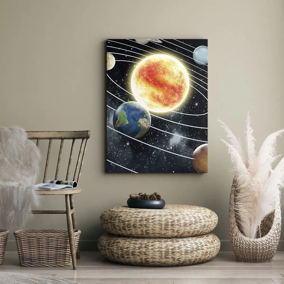 Impression sur toile - Image sur toile - Système solaire avec planètes et soleil dans l'espace - 70x100cm - Danse cosmique - Décoration murale moderne pour le salon et la chambre ARTTOR