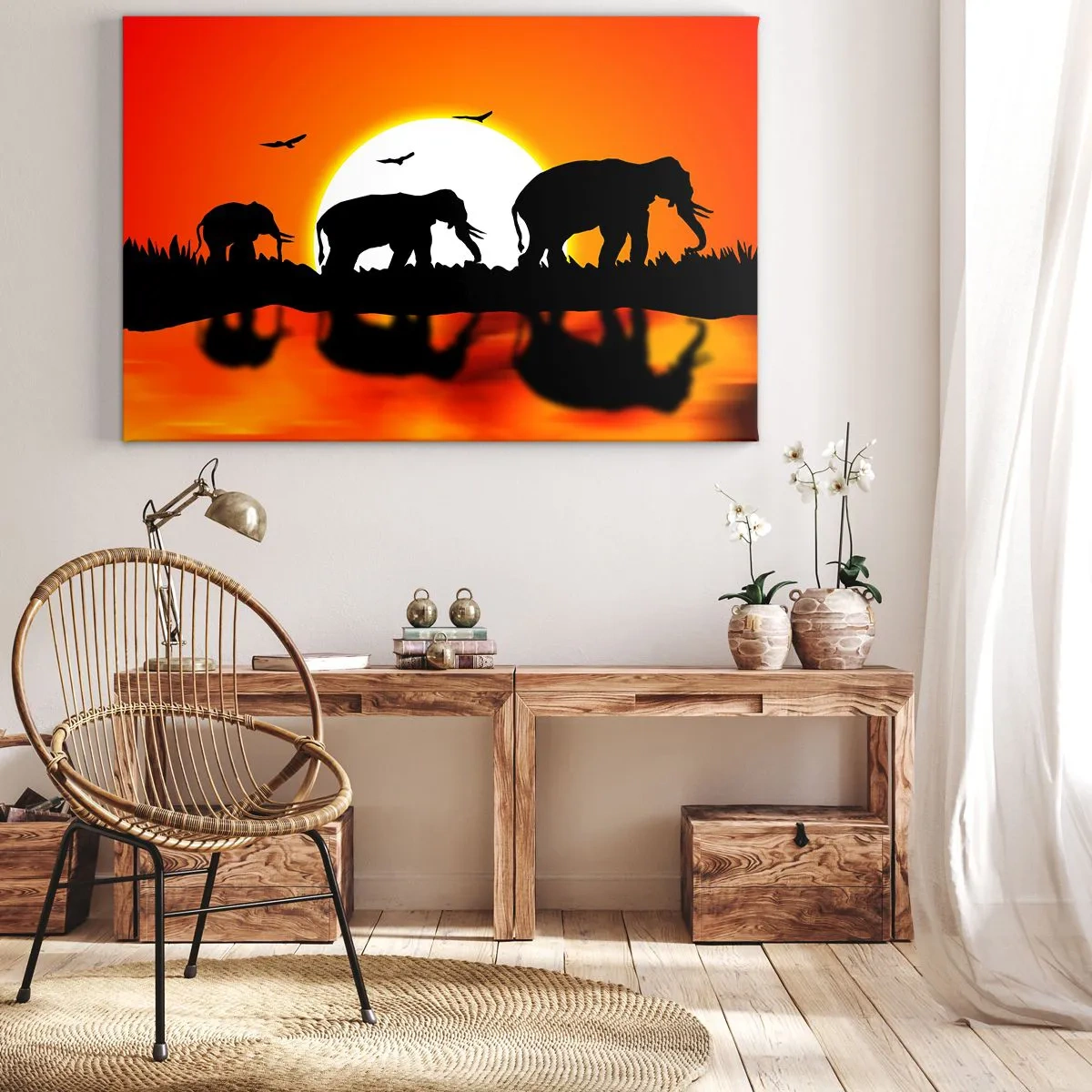 Impression sur toile - Image sur toile - Silhouettes d'éléphants au coucher du soleil sur l'eau avec reflet - 70x50cm - Et le soir pour un petit verre - Décoration murale moderne pour le salon et la chambre ARTTOR