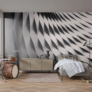 Papier Peint Photo Premium Sand - Structure moderne avec une disposition ondulée en noir et blanc - 100x70cm - A la surface des vagues - Décoration murale moderne pour le salon et la chambre ARTTOR