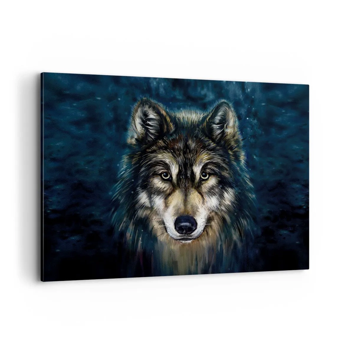Impression sur toile - Image sur toile - Portrait d'un loup sur fond bleu foncé - 100x70cm - Alpha? Et oméga - Décoration murale moderne pour le salon et la chambre ARTTOR