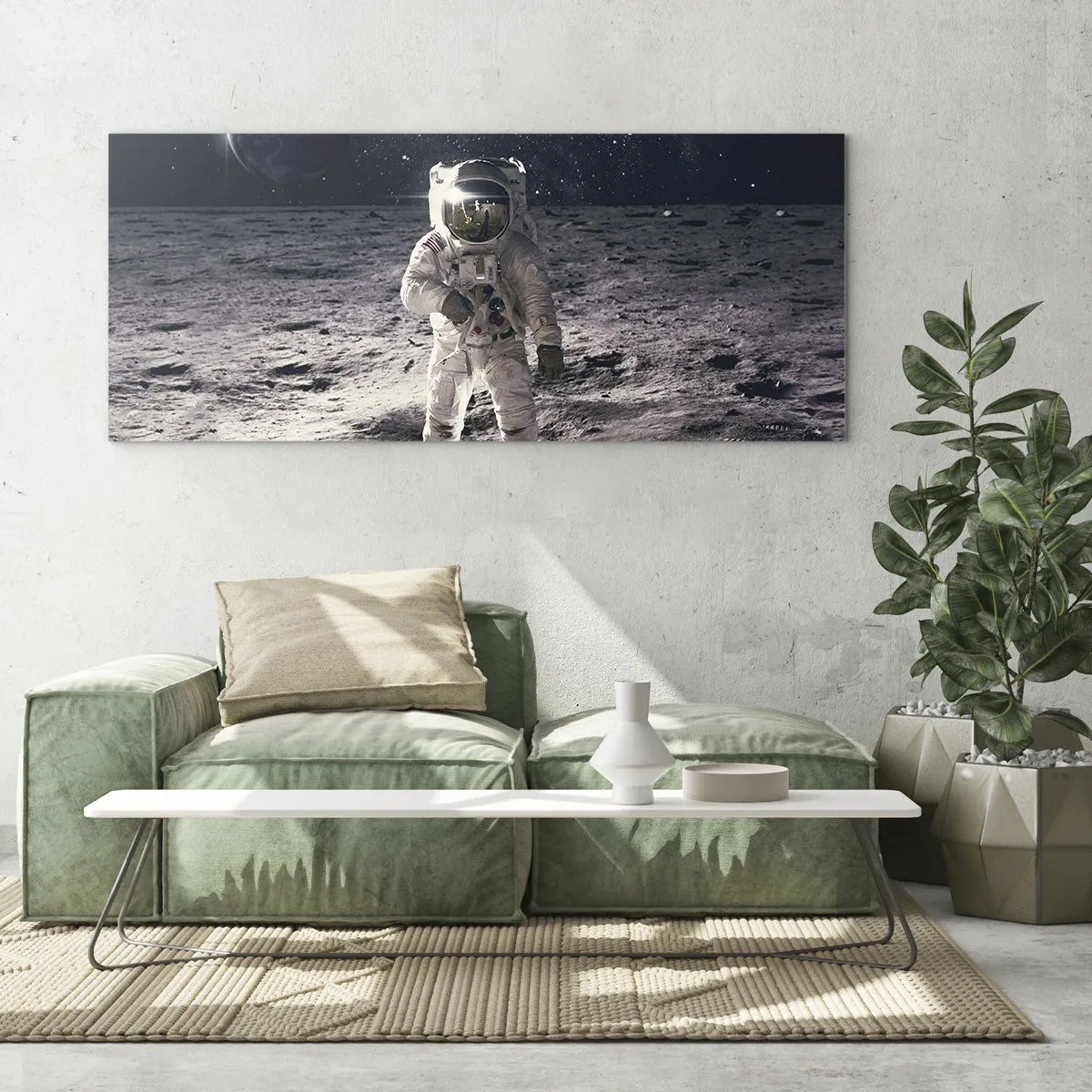 Impression sur verre - Image sur verre - Astronaute à la surface de la Lune avec la Terre en arrière-plan - 120x50cm - Salutations de la lune - Décoration murale moderne pour le salon et la chambre ARTTOR