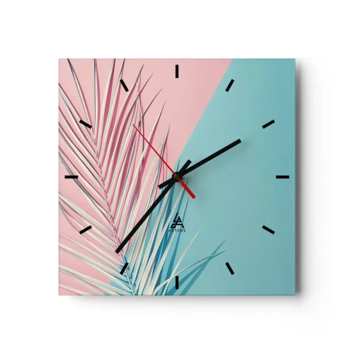 Horloge murale - Pendule murale - Feuille tropicale sur un fond de tons pastel de rose et de bleu - 30x30cm - Impression tropicale - Décoration murale moderne pour le salon et la chambre ARTTOR