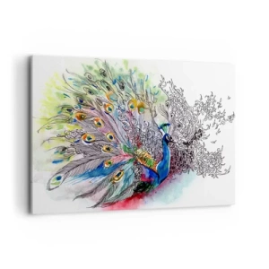 Impression sur toile - Image sur toile - Un paon dans un style aquarelle coloré avec des plumes abstraites - 120x80cm - Avec fierté contre la grisaille - Décoration murale moderne pour le salon et la chambre ARTTOR