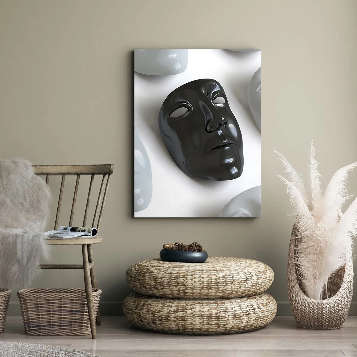 Impression sur toile - Image sur toile - Masques noirs et blancs sur fond clair - 70x100cm - Comment se démarquer ? - Décoration murale moderne pour le salon et la chambre ARTTOR