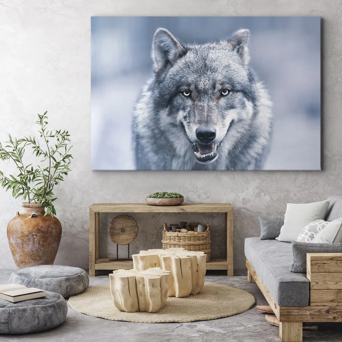 Impression sur toile - Image sur toile - Un loup au regard intense dans un paysage hivernal - 120x80cm - Relèverez-vous le défi ? - Décoration murale moderne pour le salon et la chambre ARTTOR