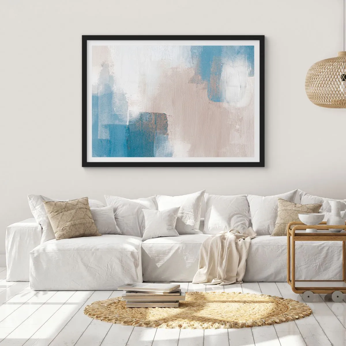 Affiche dans un cadre noir - Poster - Abstraction rose derrière un rideau de bleu - 50x40 cm