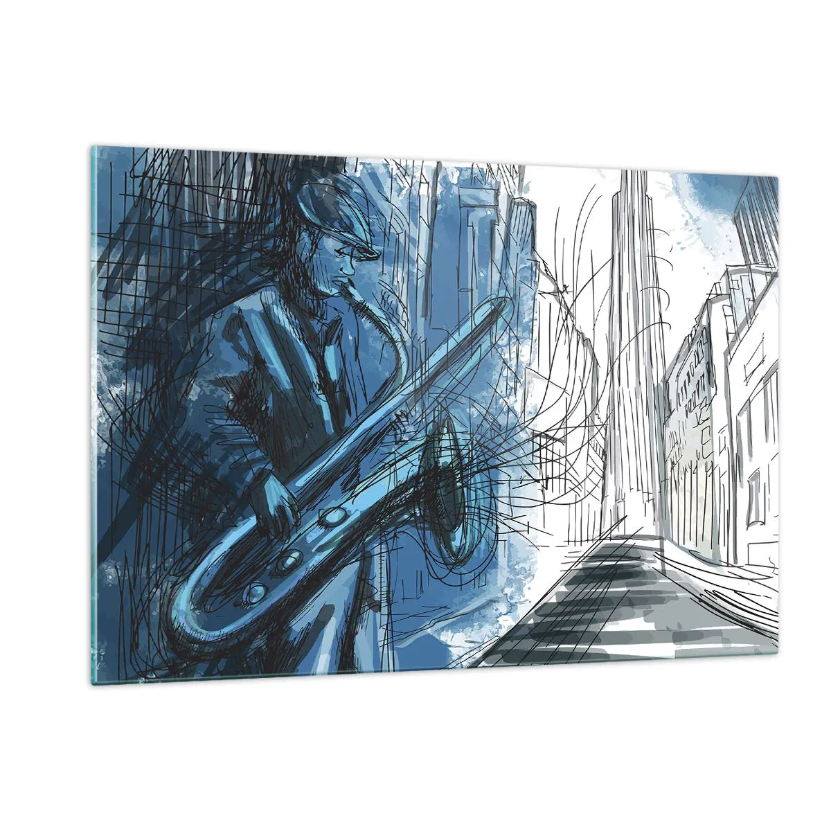 Impression sur verre - Image sur verre - Saxophoniste de jazz dans un décor urbain aux teintes bleues - 120x80cm - Rhapsodie urbaine - Décoration murale moderne pour le salon et la chambre ARTTOR