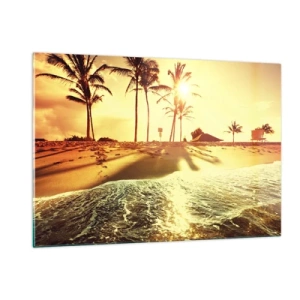 Impression sur verre - Image sur verre - Plage dorée avec palmiers au coucher du soleil et mer calme - 120x80cm - Après-midi californien - Décoration murale moderne pour le salon et la chambre ARTTOR