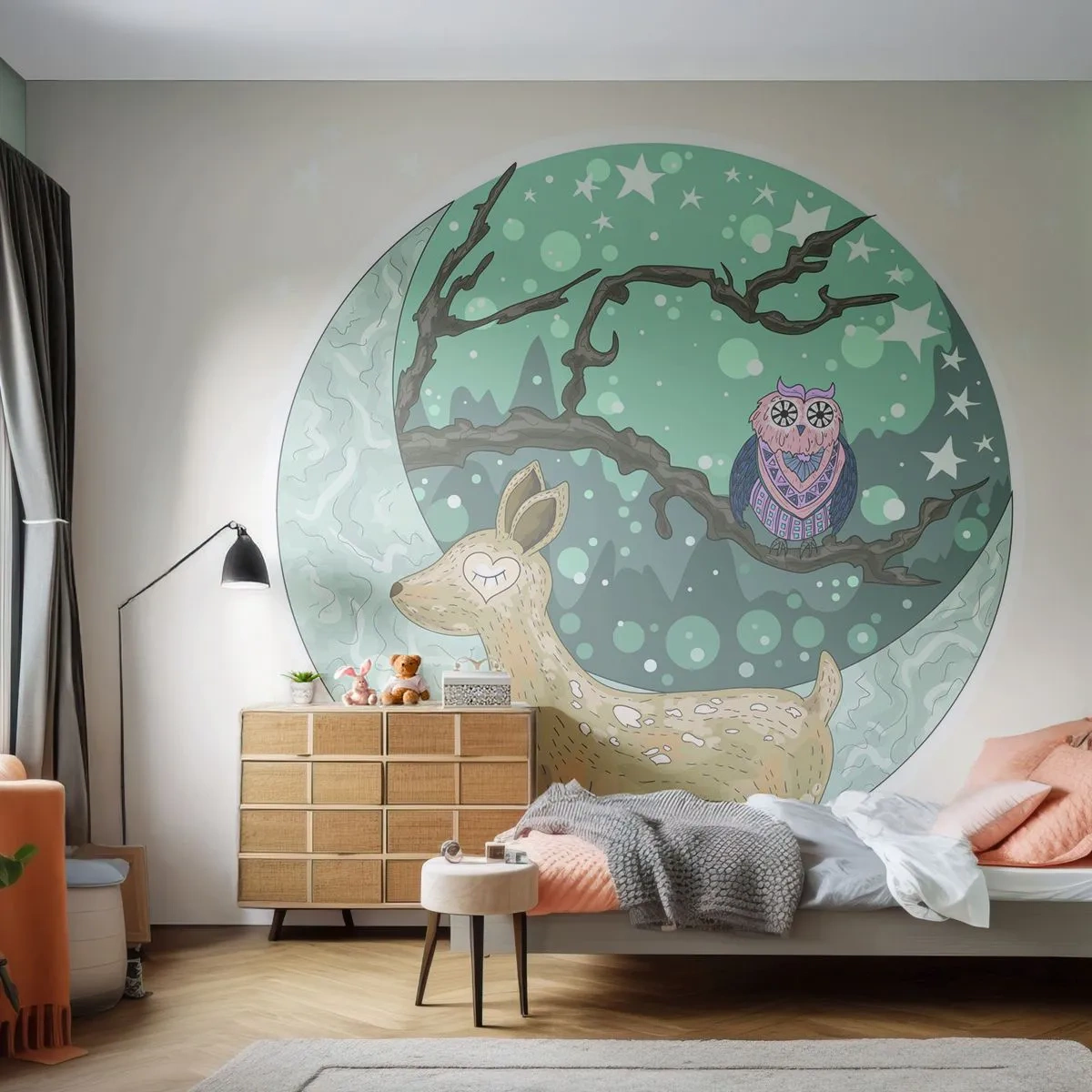 Papier Peint Photo Premium Canvas - Une nuit de conte de fées en forêt  - Pour les enfants, Graphique, Étoiles - 250x175 cm