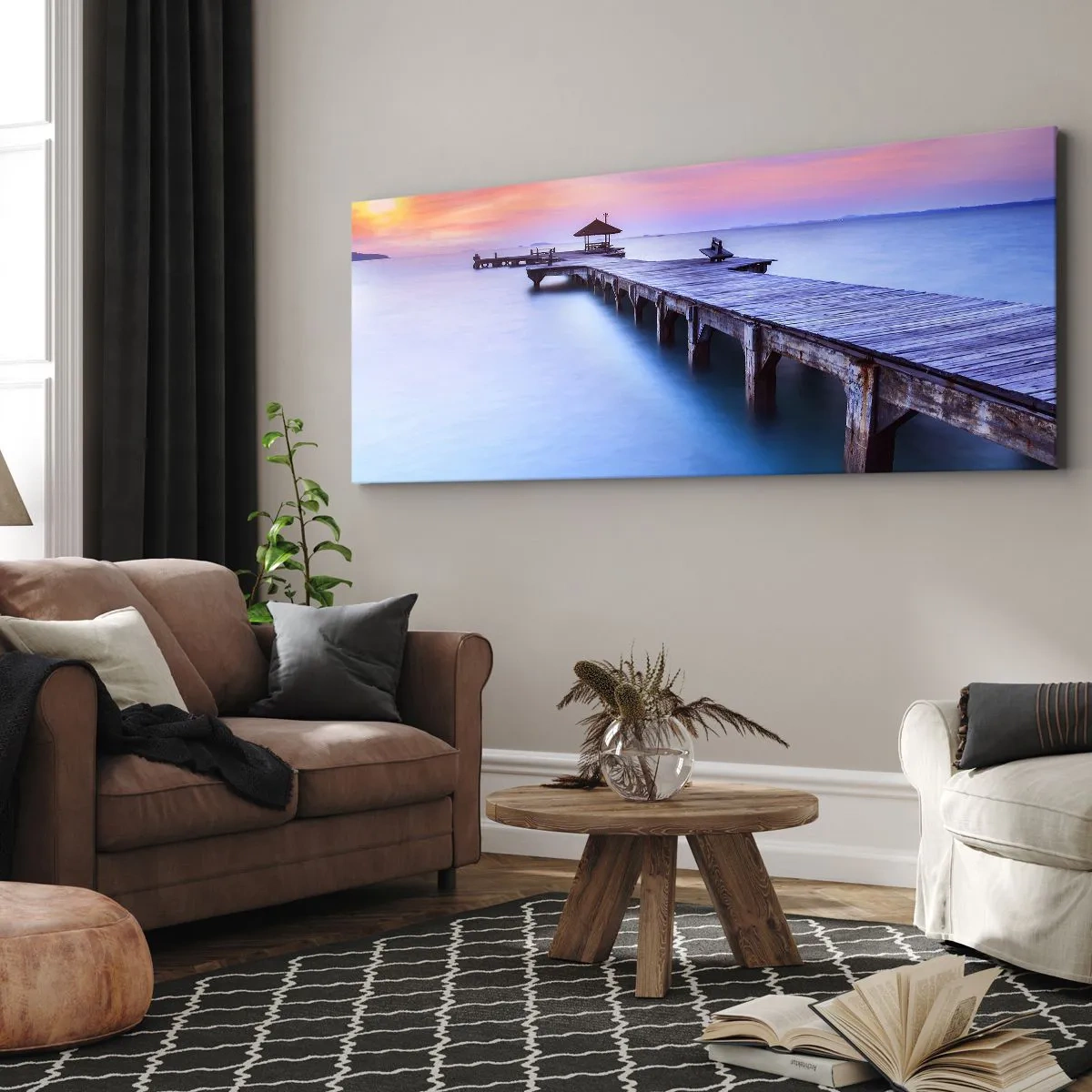 Impression sur toile - Image sur toile - Jetée en bois donnant sur l'eau au coucher du soleil - 120x50cm - Une mer de calme jusqu'à l'horizon - Décoration murale moderne pour le salon et la chambre ARTTOR