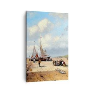 Impression sur toile - Image sur toile - Bateaux de pêche sur la plage avec des figures humaines - 80x120cm - Après une capture réussie - Décoration murale moderne pour le salon et la chambre ARTTOR