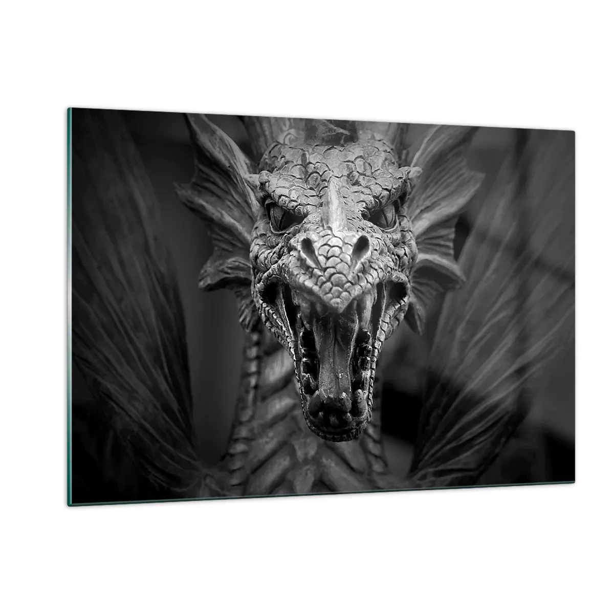 Impression sur verre - Image sur verre - Portrait détaillé d'un dragon en noir et blanc - 120x80cm - Un dragon imaginaire grisâtre - Décoration murale moderne pour le salon et la chambre ARTTOR
